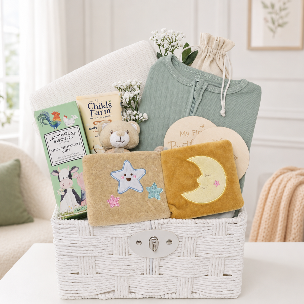 Unisex new baby gift hamper with sage green sleepsuit, white baby blanket, milestone discs, baby toys, Childs Farm skincare and biscuits