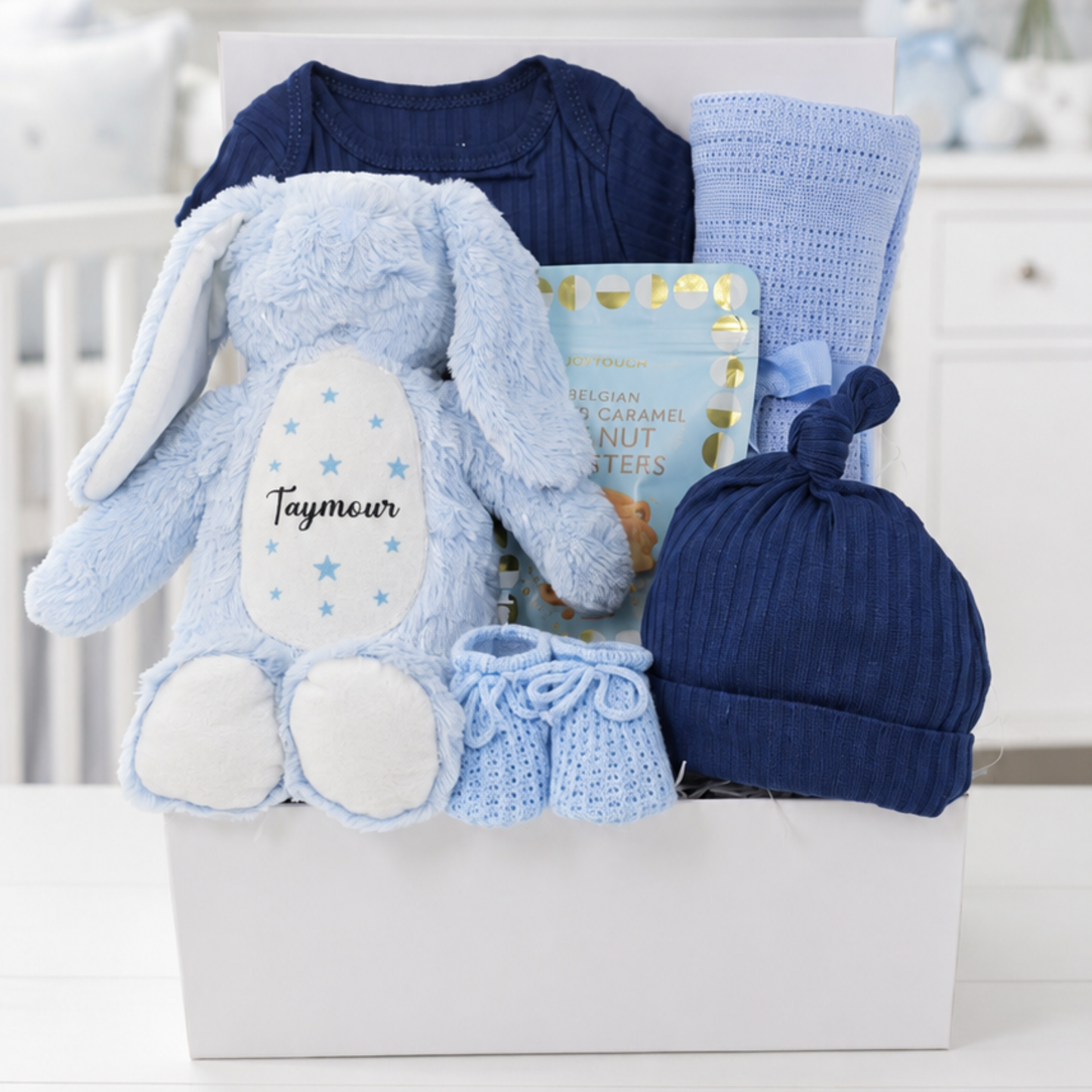 Little Blue Bunny personalised baby boy gift box with clothing, blanket, booties and Mum's chocolate treat