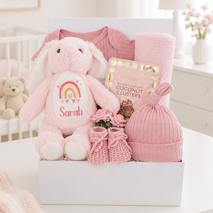 Little Bunny personalised baby girl hamper with pink bunny, cotton outfit, cellular blanket, knitted booties and coconut clusters for Mum
