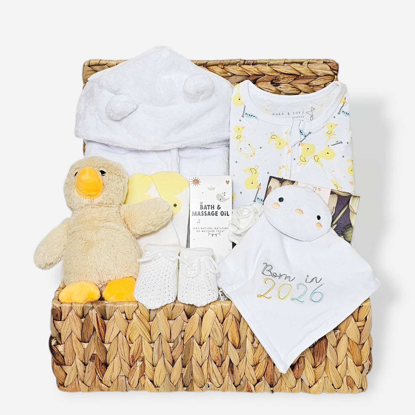 Baby gifts hamper with plush duck and zip sleepsuit