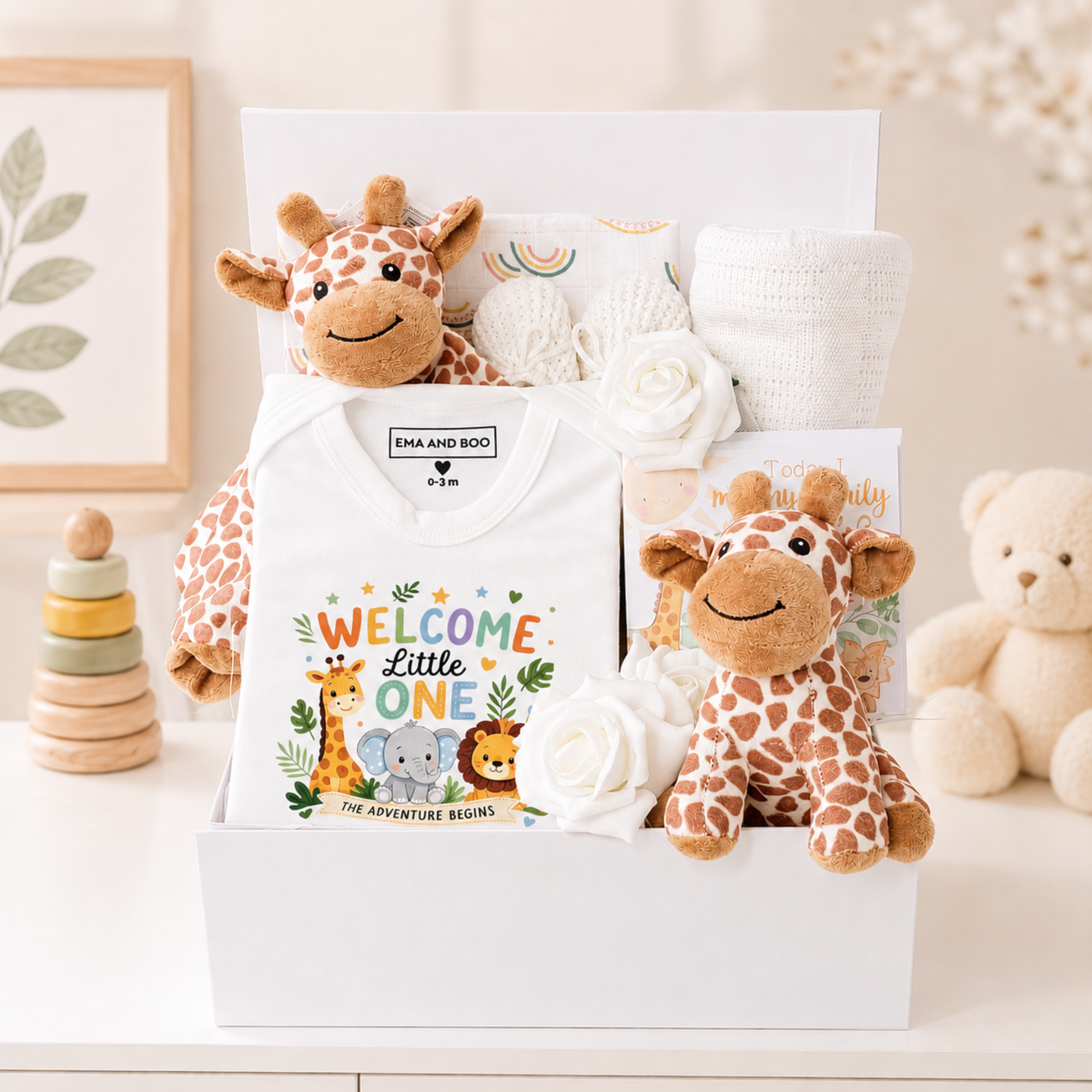 Luxury unisex baby gift box, safari themed by Ema and Boo.