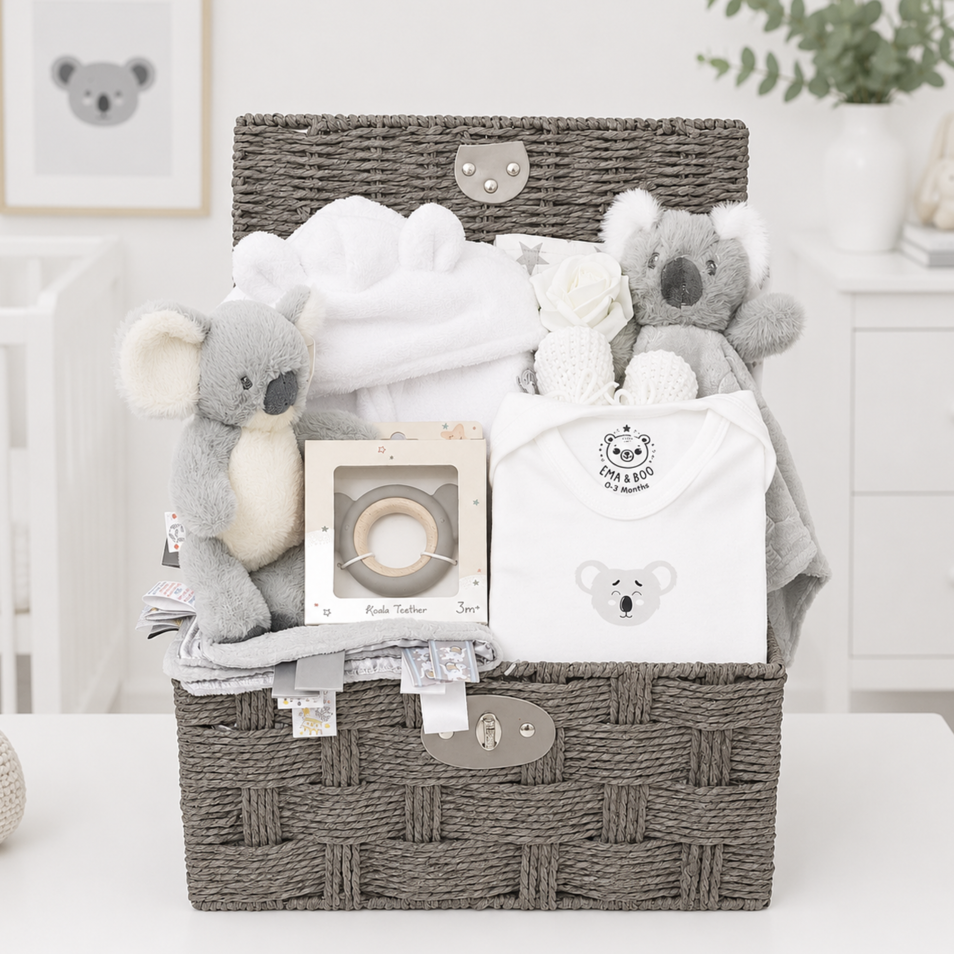 Neutral koala baby hamper with robe, comforter and newborn essentials