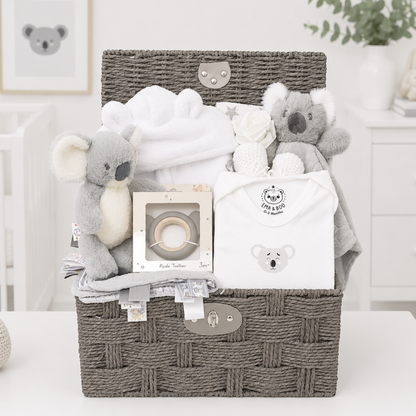 Neutral koala baby hamper with robe, comforter and newborn essentials