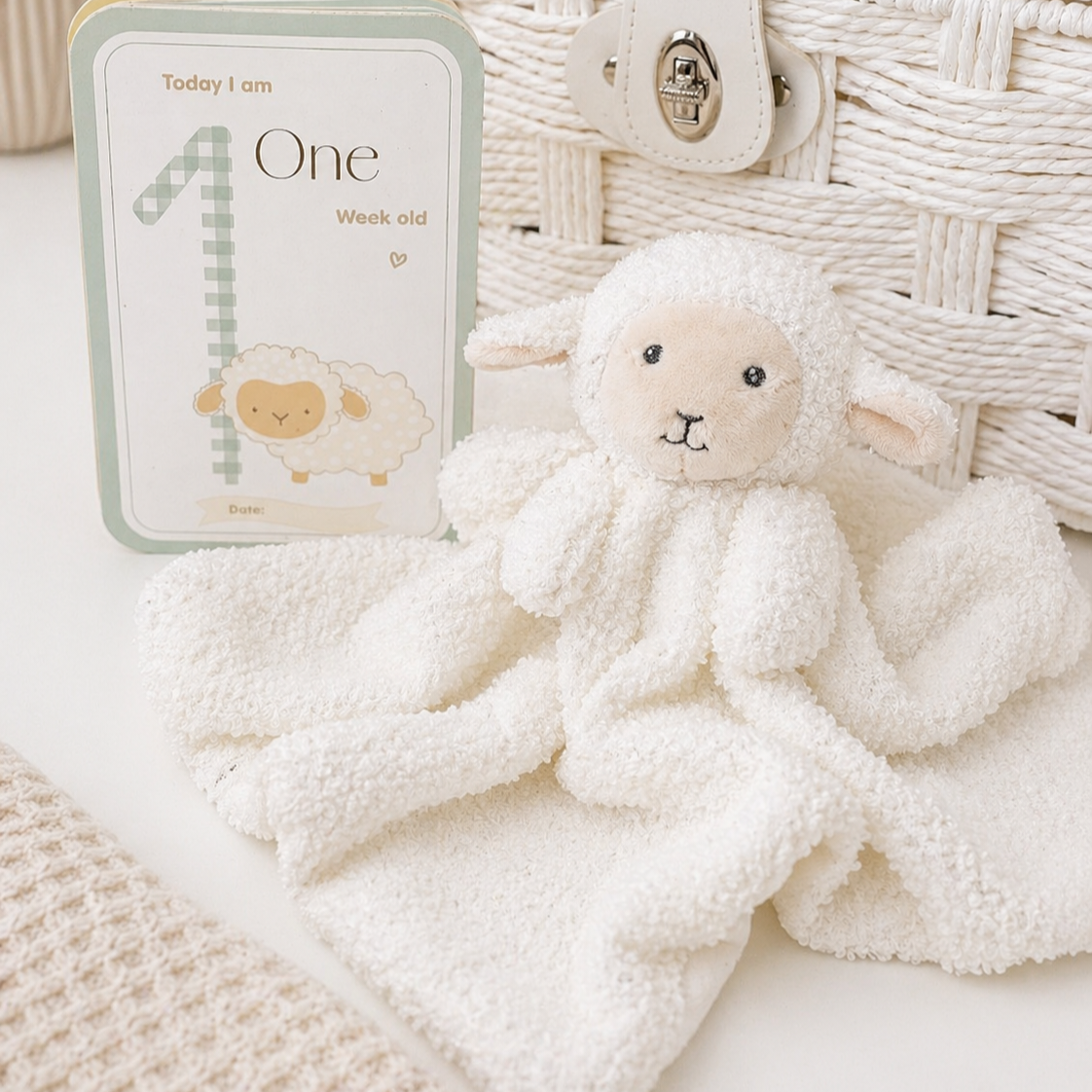 Baby lamb comforter with milestone card – soft toy keepsake for newborn baby gift