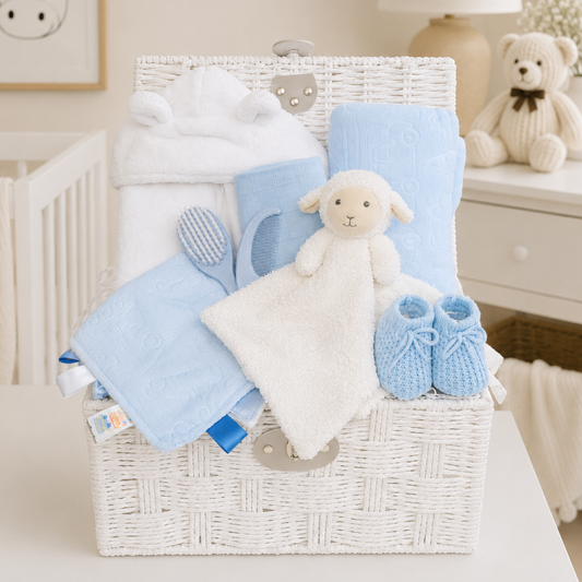 Little Lamb baby gift basket with blue newborn essentials