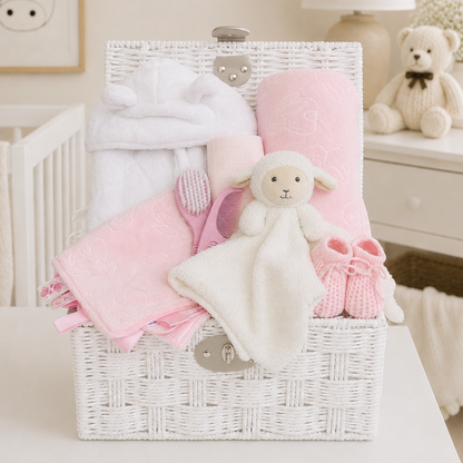 Little Lamb baby girl gift basket with pink newborn essentials