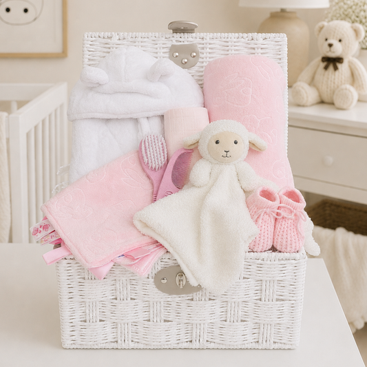 Little Lamb baby girl gift basket with pink newborn essentials