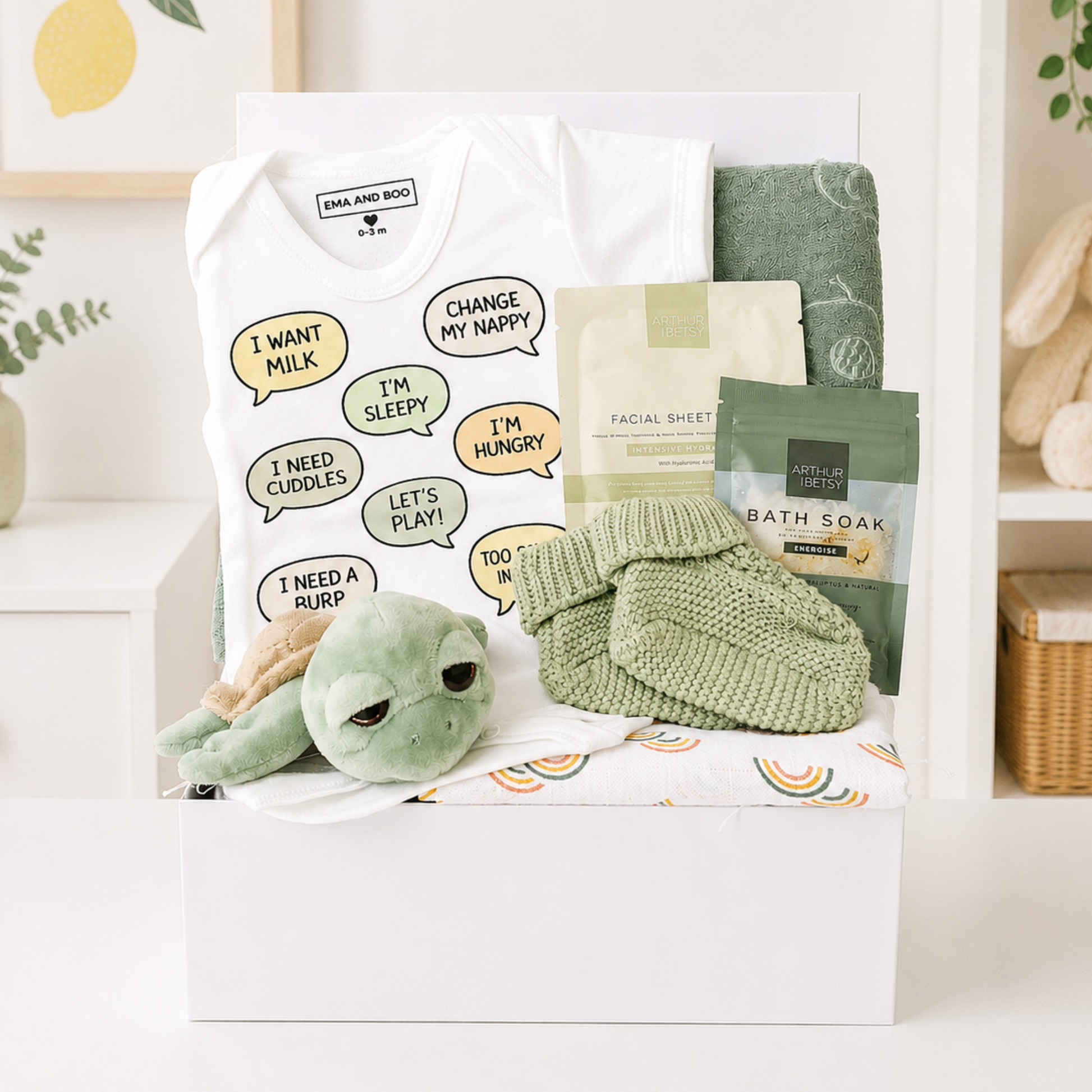 Baby and mum gift box with turtle toy, blanket and pamper gifts.