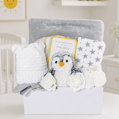 Neutral newborn gift box with penguin plush, milestone cards and grey baby essentials