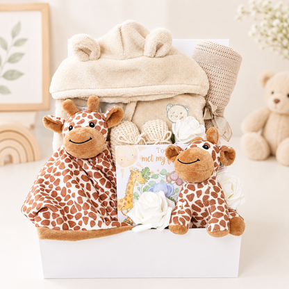 Neutral safari baby gift box with giraffe comforter, plush toy and baby robe