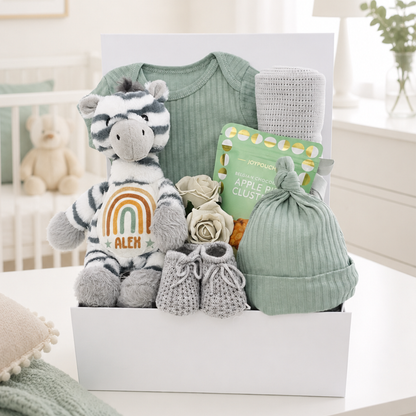 Little Zebra personalised baby boy gift box with sage green cotton outfit, cellular blanket, grey knitted booties and apple pie clusters for Mum