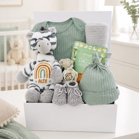 Little Zebra personalised baby boy gift box with sage green cotton outfit, cellular blanket, grey knitted booties and apple pie clusters for Mum