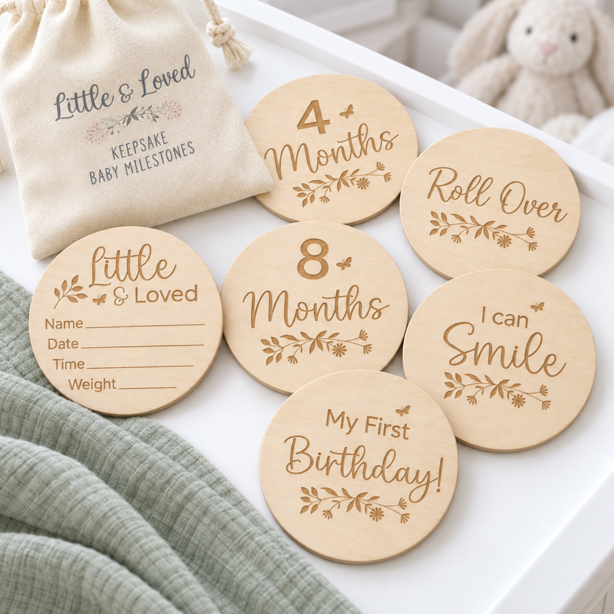 Little & Loved wooden baby milestone discs with fabric keepsake bag for baby's first year photos
