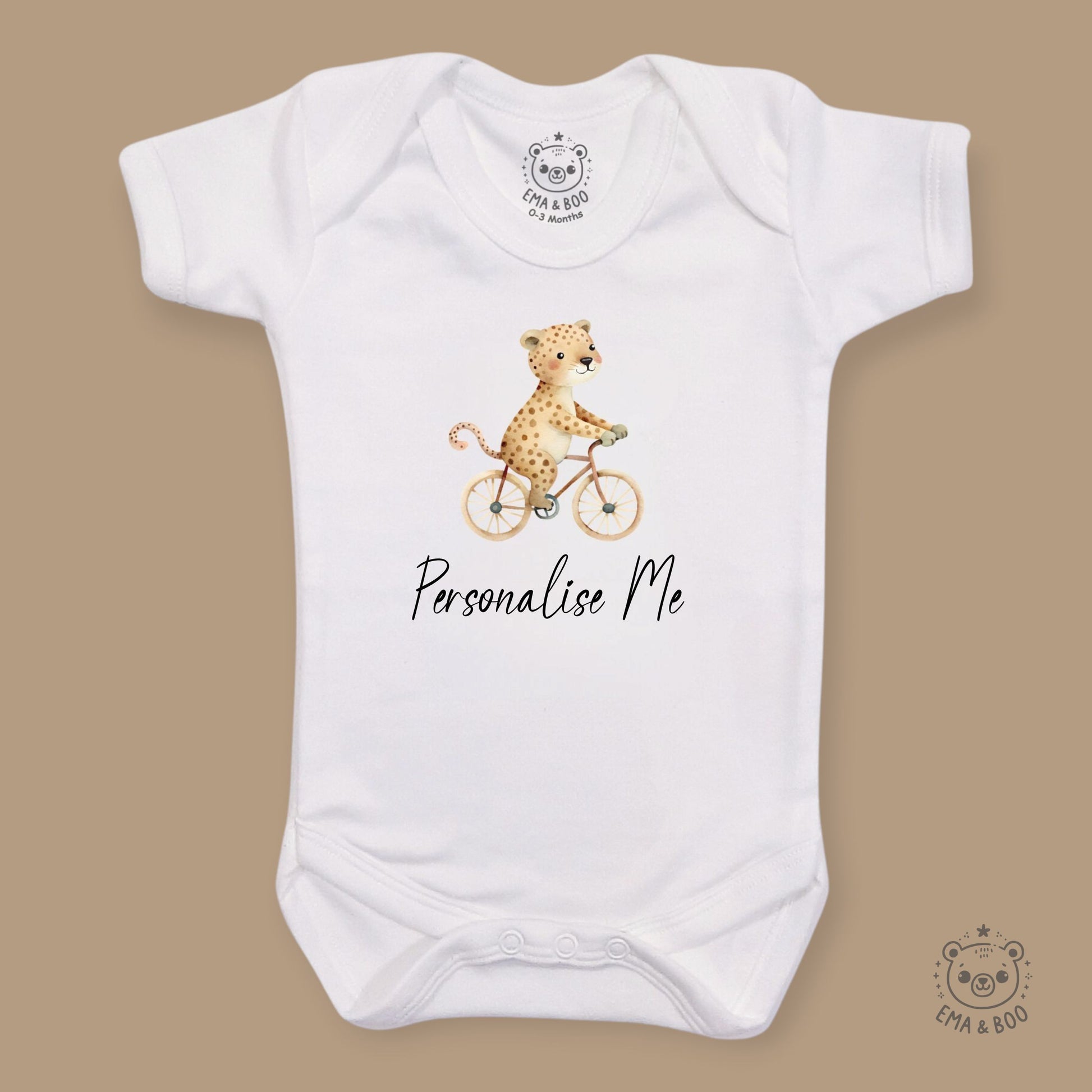 Personalised Baby Bodysuits - Leopard on a Bicycle