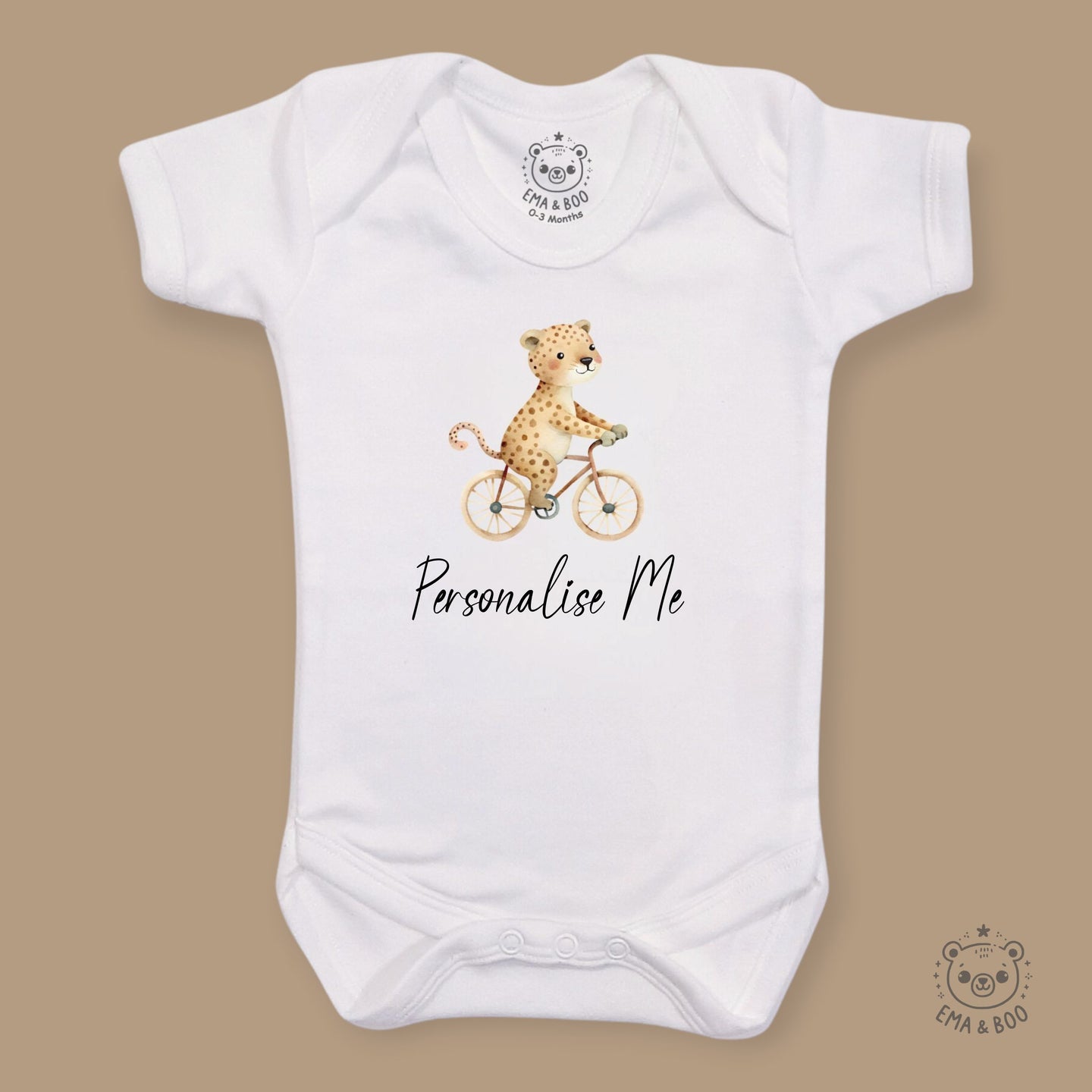 Personalised Baby Bodysuits - Leopard on a Bicycle