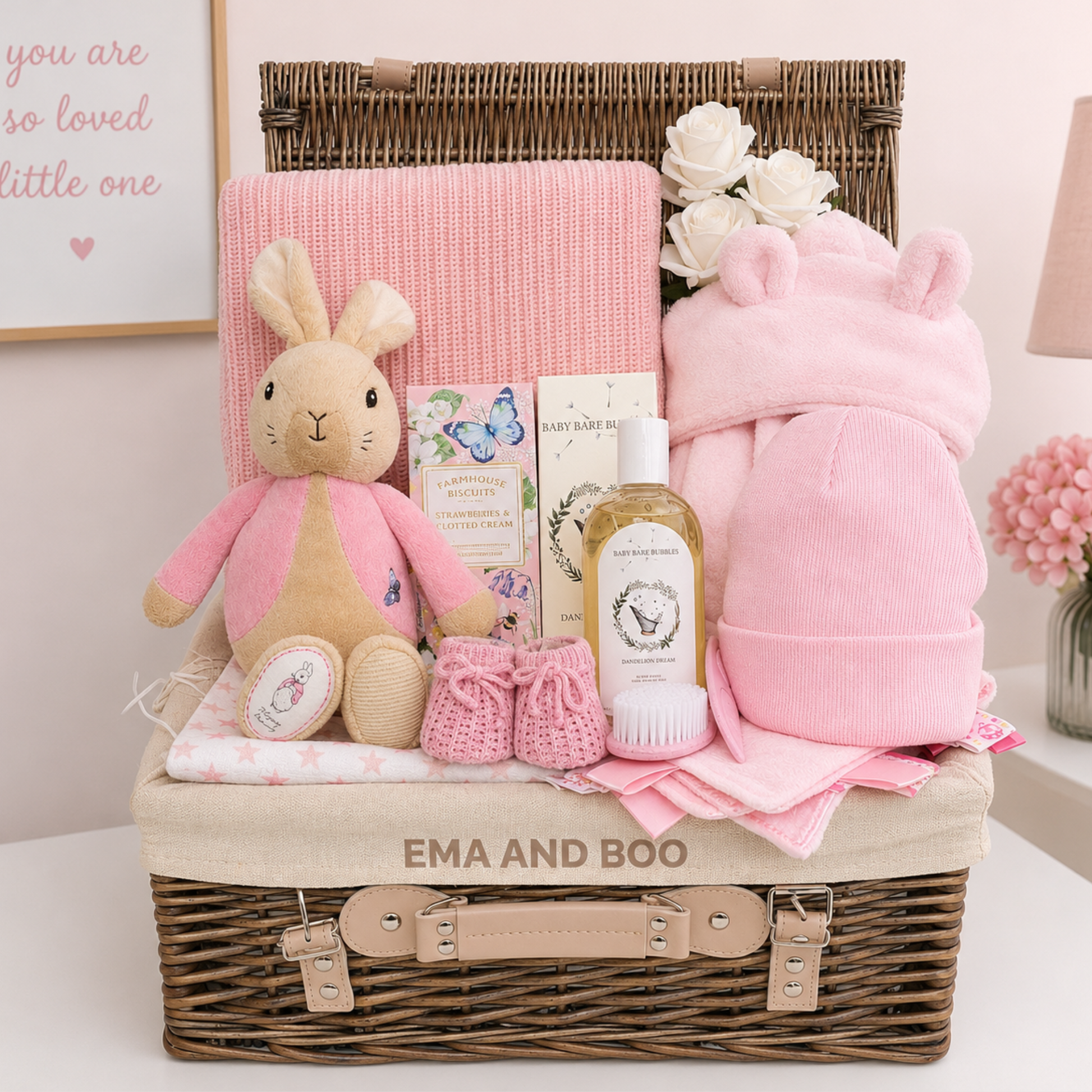 Luxury Flopsy Bunny baby girl hamper with premium pink baby essentials and treats for mum