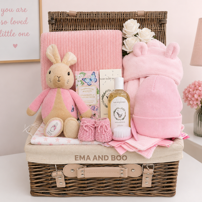 Luxury Flopsy Bunny baby girl hamper with premium pink baby essentials and treats for mum