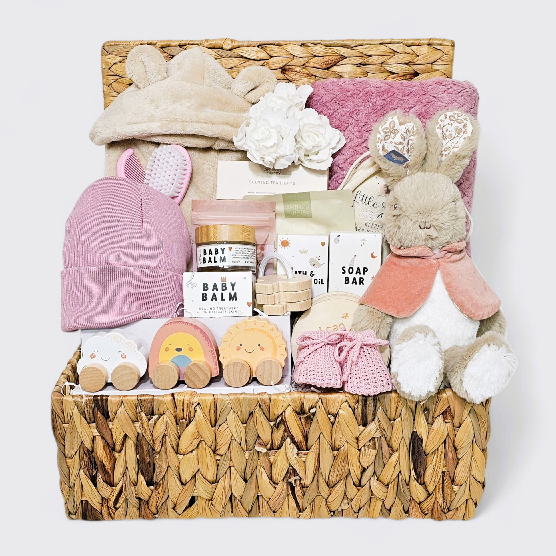 baby girl hamper with flopsy bunny toy