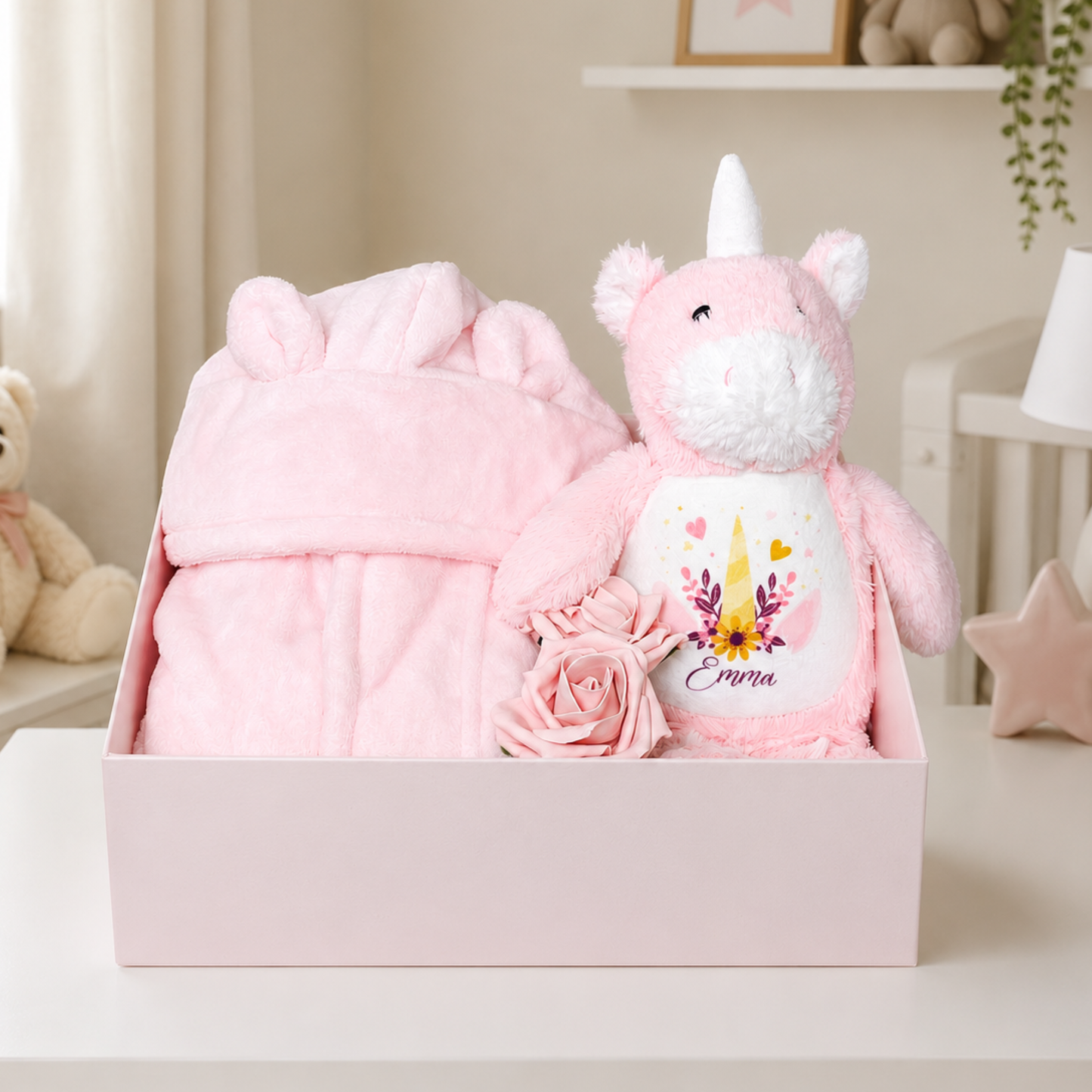 Baby hamper with pink keepsakes – personalised baby gift set for newborn girls
