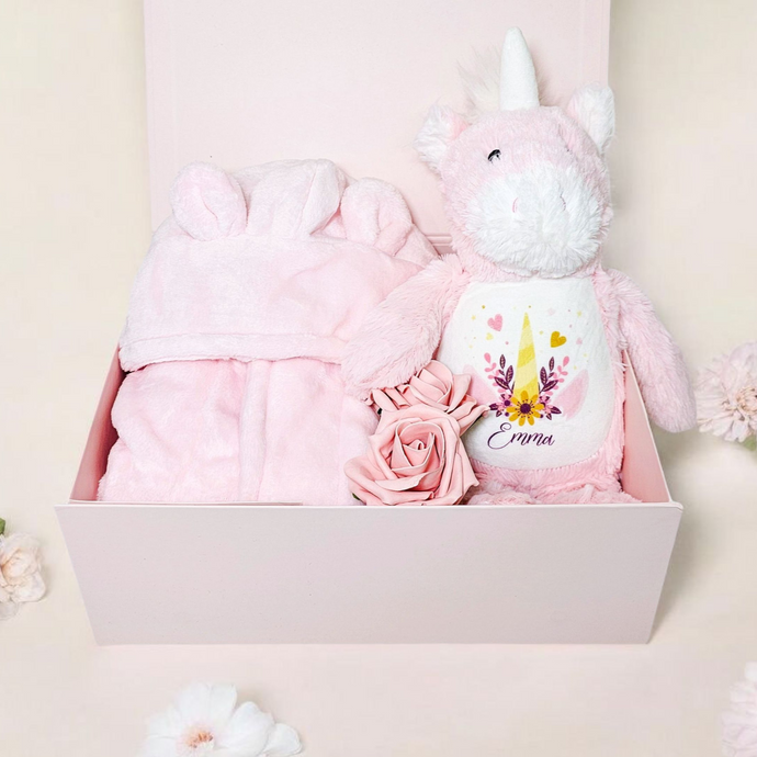 Baby hamper with pink keepsakes – personalised baby gift set for newborn girls