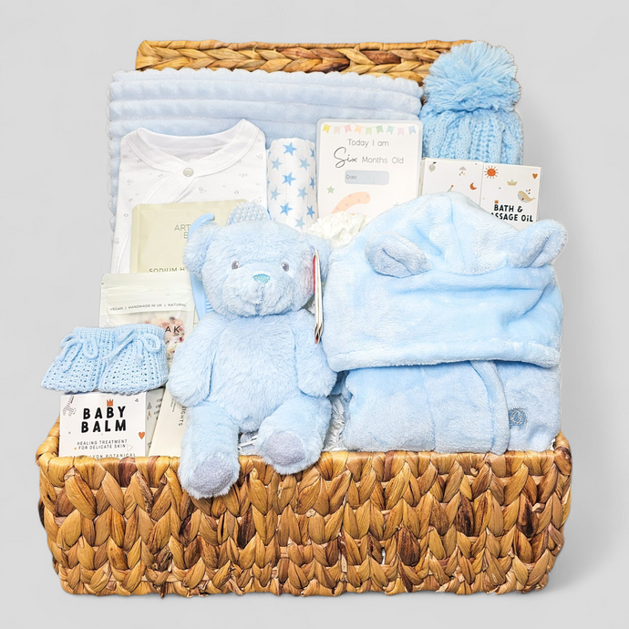 New baby hamper for boys in water hyacinth basket