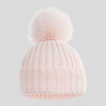 Pink knit baby beanie with a pom-pom 
