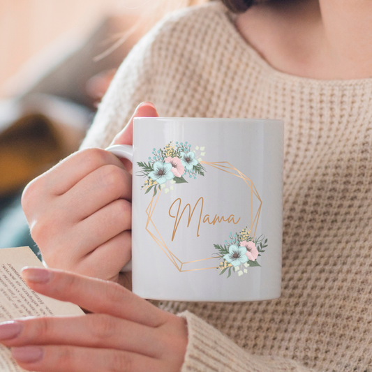 Floral Mama ceramic mug with pink and blue flowers, 11oz.