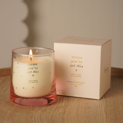 Luxury Mama "You've Got This" 180g Bergamot & Pink Pepper soy wax candle presented in an elegant gift box.