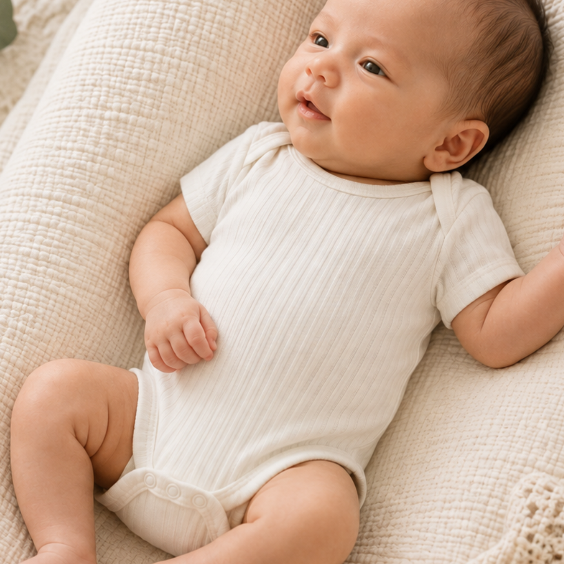 Baby wearing Marshmallow ribbed 100% cotton bodysuit in size 3–6 months
