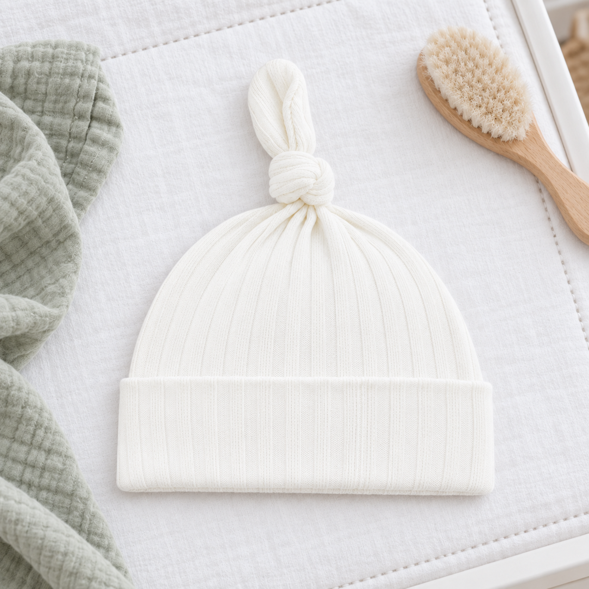 Marshmallow white ribbed cotton baby knot hat with folded cuff, displayed on white bedding beside a wooden baby brush and sage muslin.