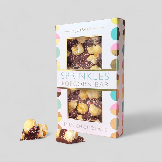 Milk chocolate popcorn bar with colourful sprinkles – ideal new mum gift and baby hamper add-on