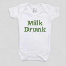 Load image into Gallery viewer, White baby onesie with green &#39;Milk Drunk&#39; text
