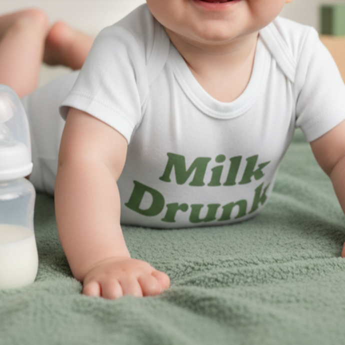 White Milk Drunk baby bodysuit with green writing