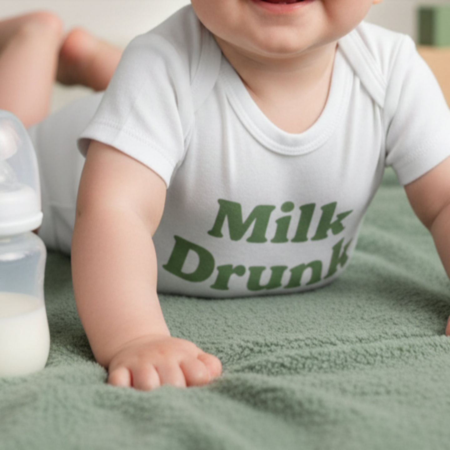 White Milk Drunk baby bodysuit with green writing