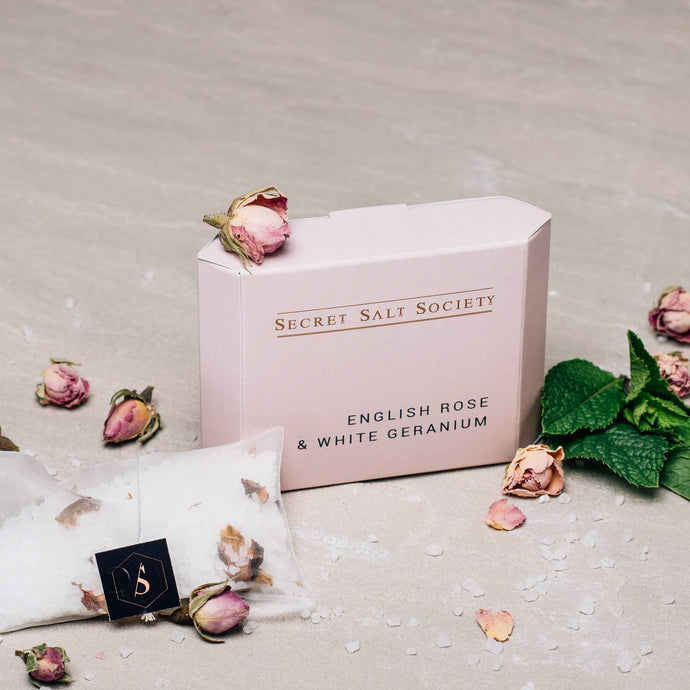 Mineral bath infusion – new mum spa soak with Dead Sea salt, geranium oil, and rose petals