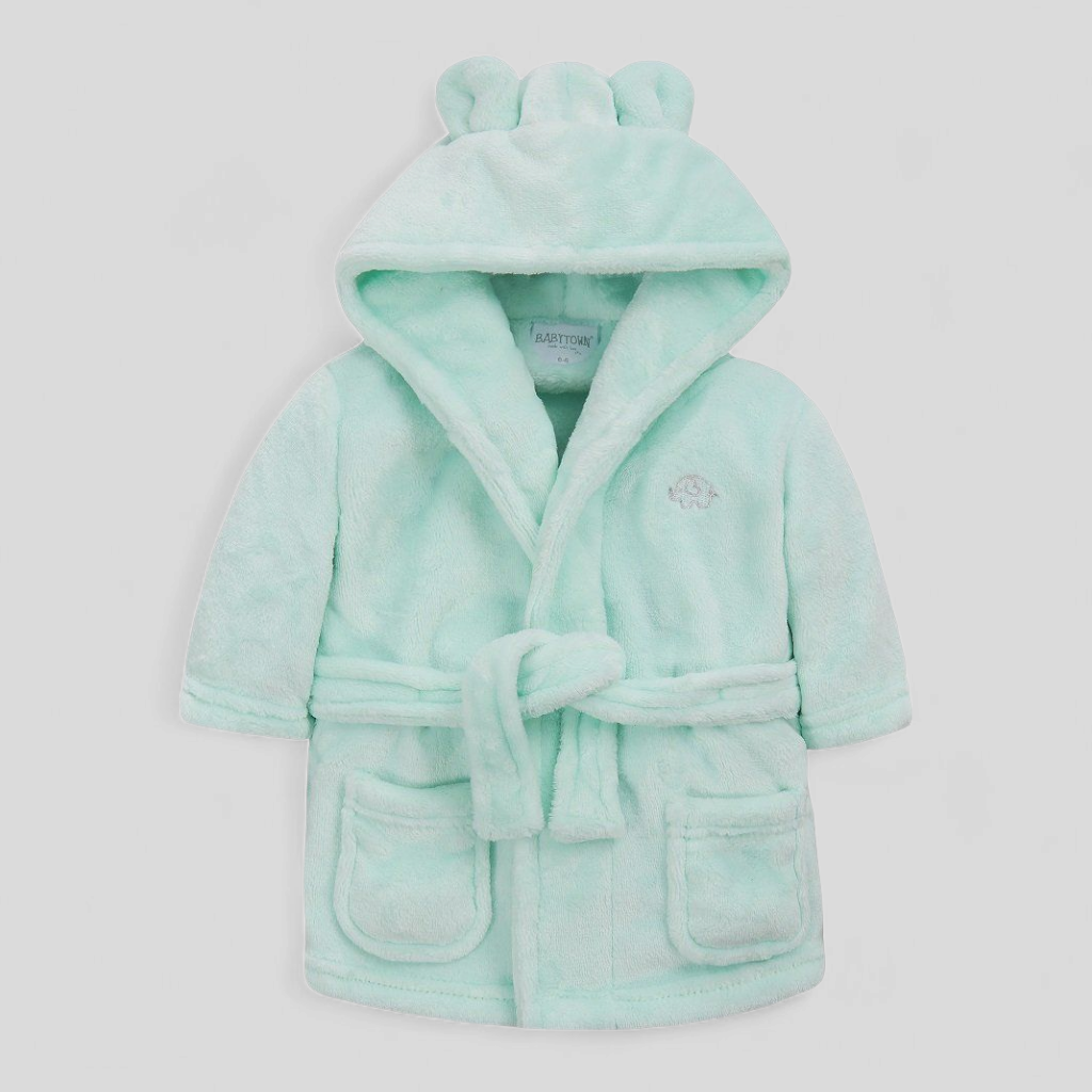 Mint green children's robe with hood on a light gray background