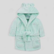 Load image into Gallery viewer, Mint green children&#39;s robe with hood on a light gray background
