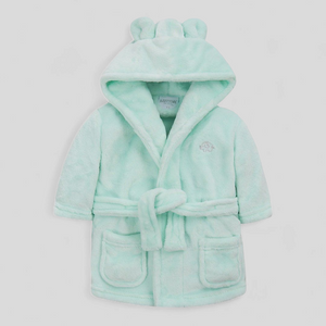 Mint green children's robe with hood on a light gray background