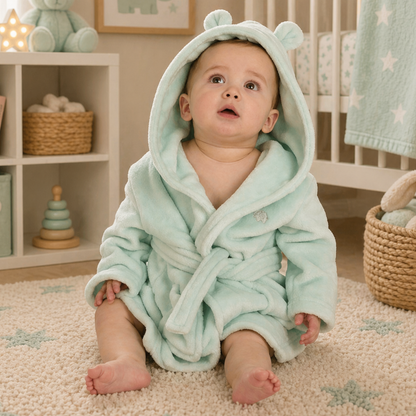 Baby wearing mint green hooded dressing gown soft plush baby bath robe cosy unisex baby gift