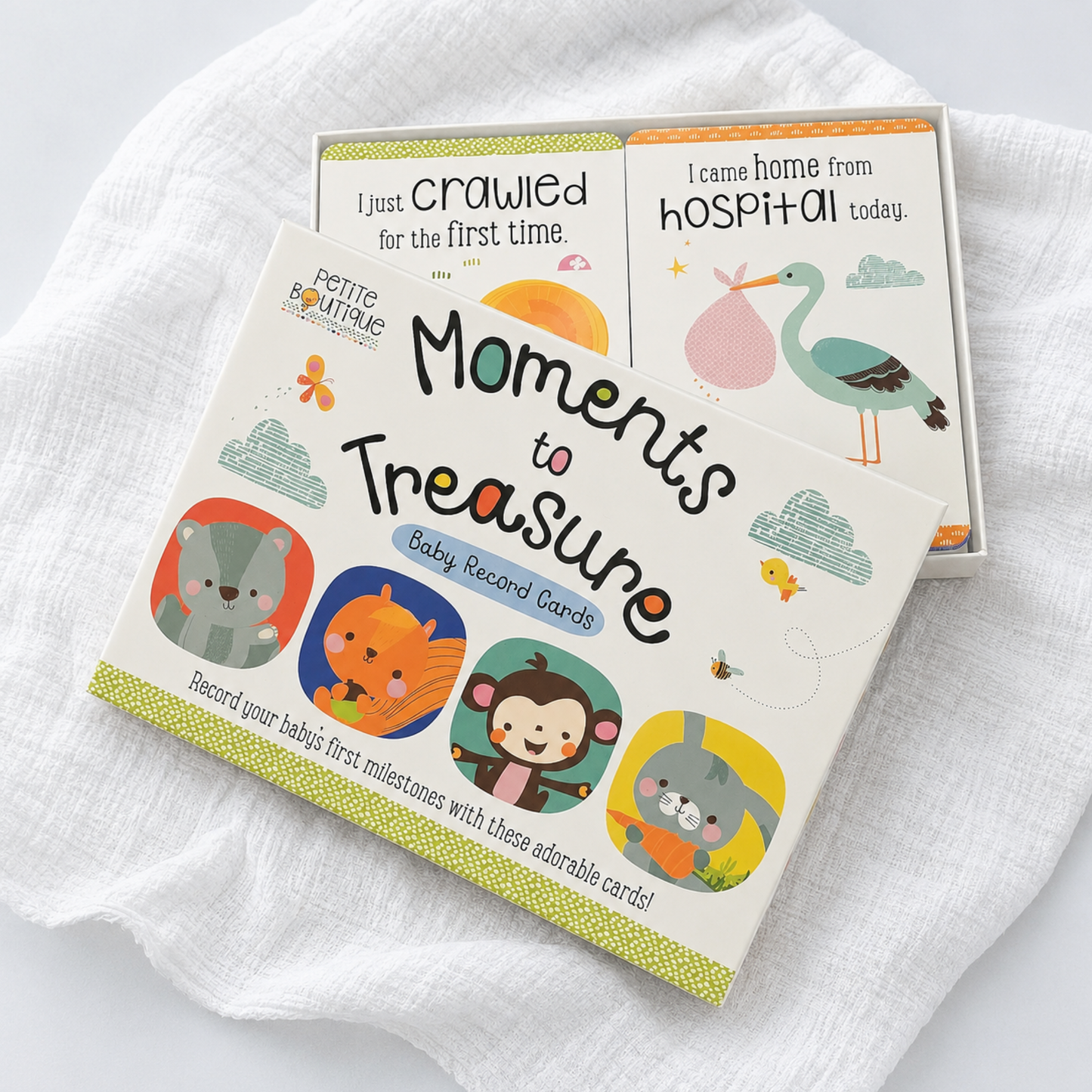Moments to Treasure baby milestone and record cards by Petite Boutique with illustrated baby first milestone cards