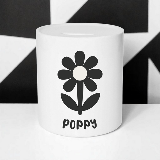 Personalised Money Box with Black Flower | Monochrome Nursery Decor