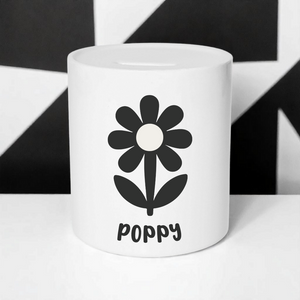 Personalised Money Box with Black Flower | Monochrome Nursery Decor