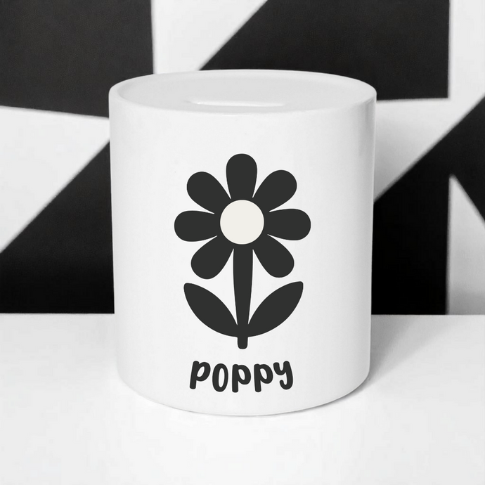 Personalised Money Box with Black Flower | Monochrome Nursery Decor