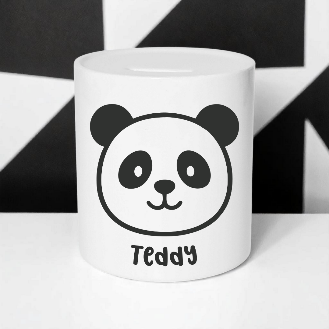 Personalised Money Box with Panda Design | Monochrome Keepsake