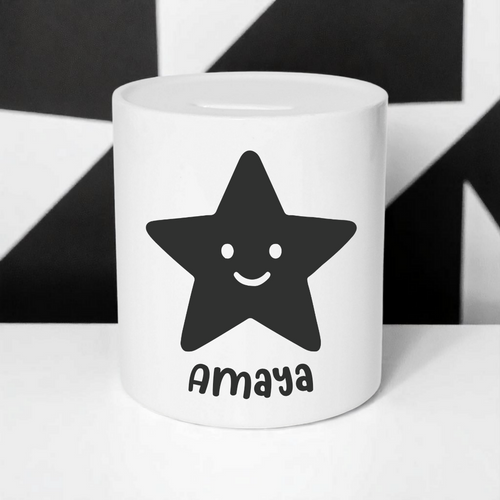 Personalised Money Box with Black Star | Monochrome Nursery Decor