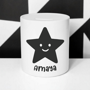 Personalised Money Box with Black Star | Monochrome Nursery Decor
