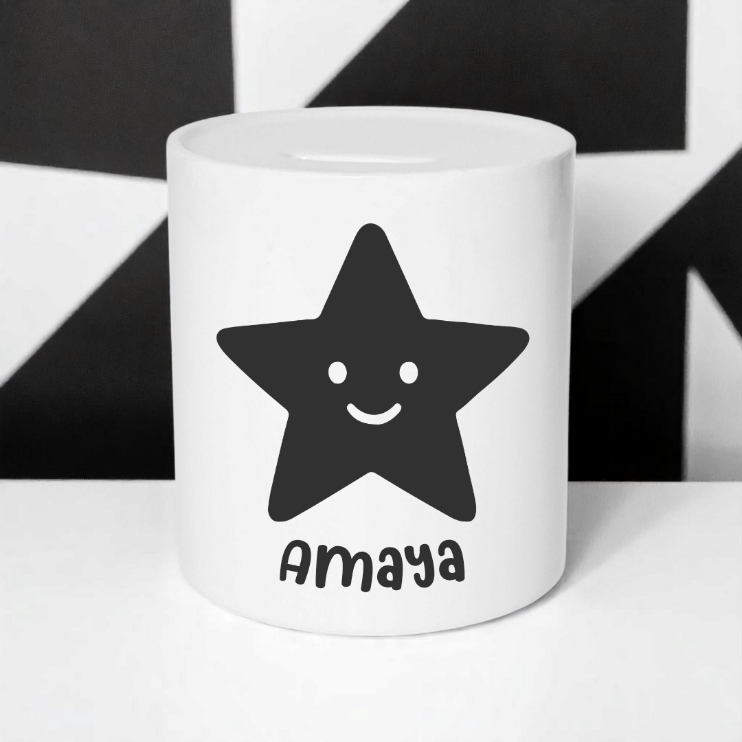 Personalised Money Box with Black Star | Monochrome Nursery Decor