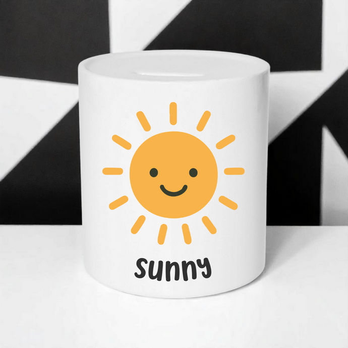 Personalised Money Box with Yellow Sun | Custom Baby Gift
