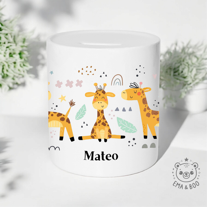 Unisex personalised baby money box with cute giraffe print and custom name option.