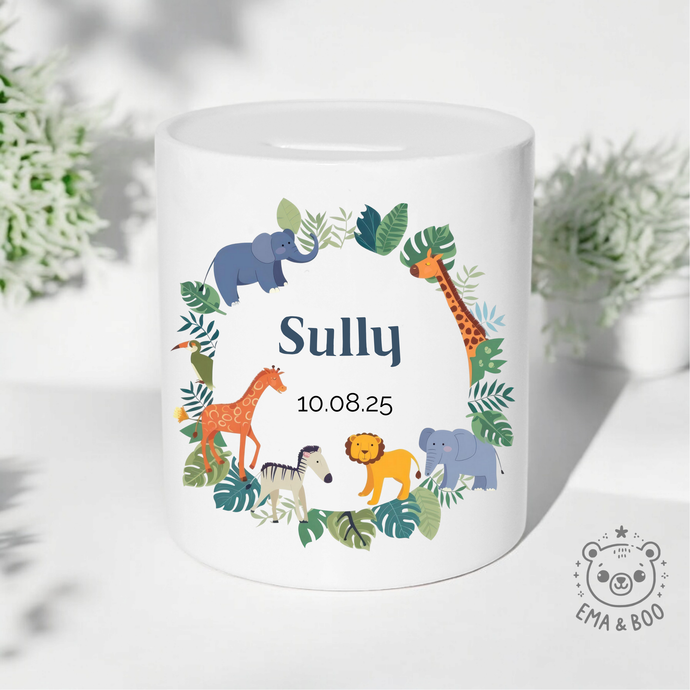 Personalised baby boy money box with safari round frame